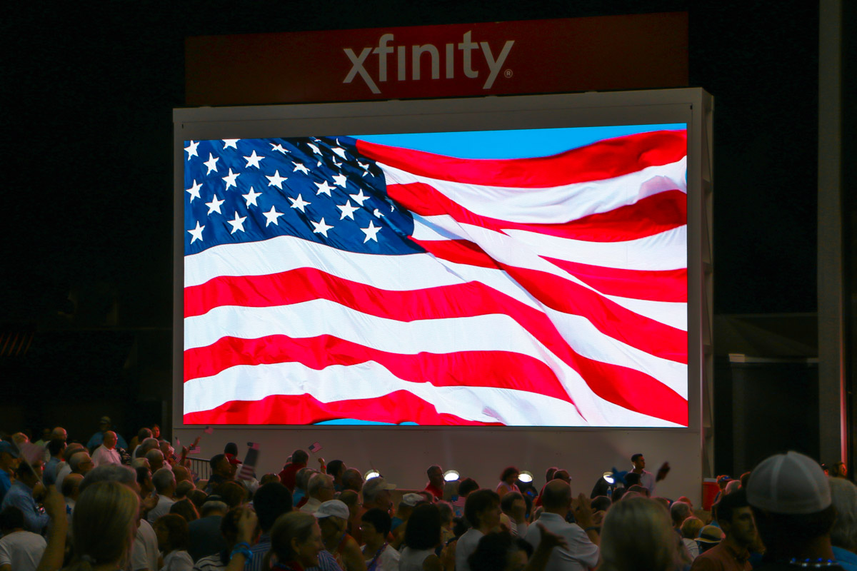 Cynthia Woods Mitchell Pavilion performance X7 HD LED Video Screen showing US flag