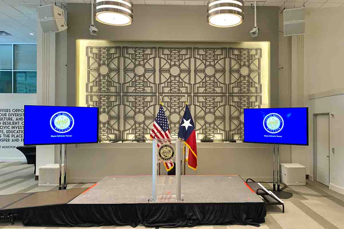 Houston City Hall Legacy Room stage video screens