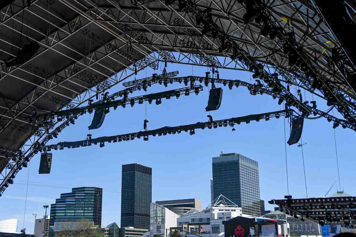 NFL Draft Speaker arrays rigged to roof